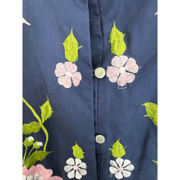 Caro of Honolulu Vintage 70s Floral embroidered Blue Button Down Blouse Size 12 - Picture 5 of 9